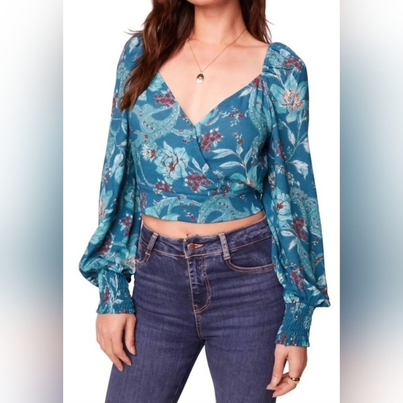 Band of the Free Sybille Deep Teal Floral Wrap Crossover Crop Top Women Medium - Picture 5 of 13